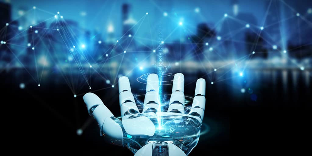 Esta es una imagen futurista de una mano robótica, relacionada con Influencia y aportes de la IA para entornos más seguros.