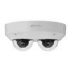 Imagen de la cámara multidireccional PNM-9000VD de Hanwha Vision Latam, mostrando su diseño robusto y características avanzadas de videovigilancia.